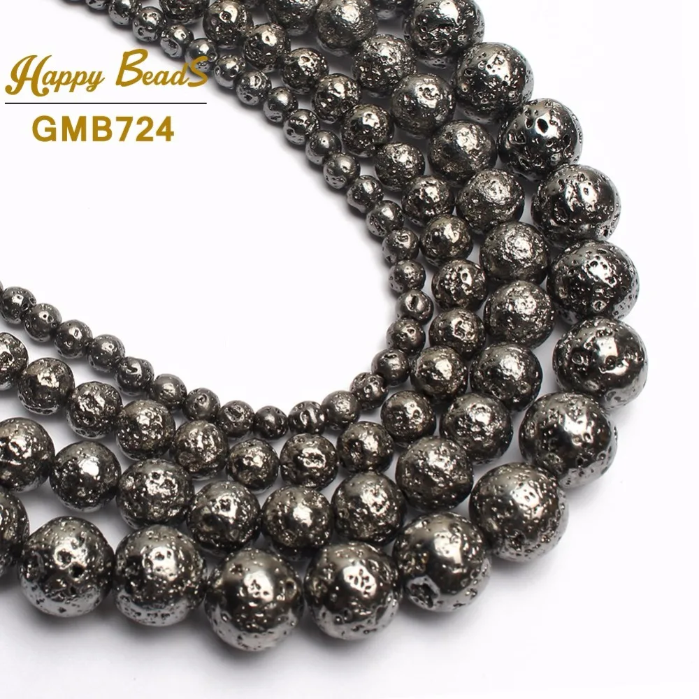 Natural Stone Beads Lava Hematite Rose Gold Black Silver Plated Round Loose Bead For Jewelry Making 15\