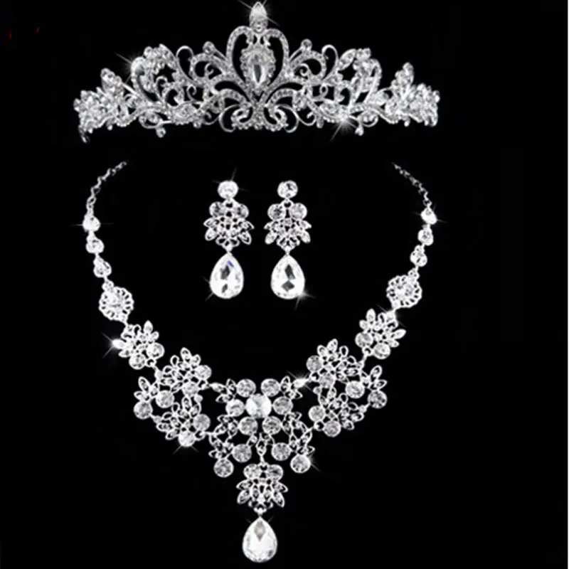 2022 Silver Color Crystal Necklace Earrings for Women Wedding Jewelry Sets Whit K Plated Bridal Jewelry Set With Tiaras & Crowns