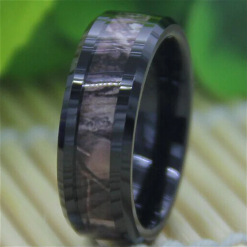 Free Shipping Top Quality Jewelry Hot Sales 8MM Black Bevel Camo Hunting Camouflage Design Men's Tungsten Carbide Wedding Ring