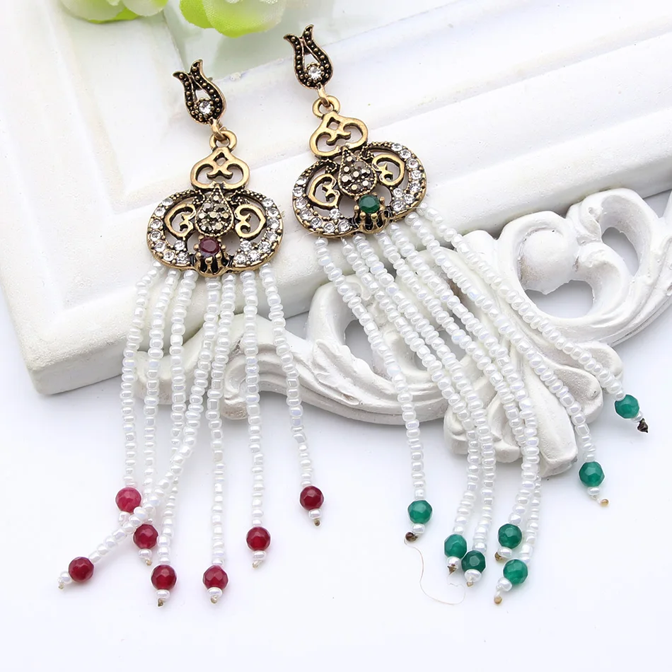 Vintage Bead Resin Earrings For Women Turkish Flower Tassel Pendant Earrings Jewelry Antique Gold Color India Ethnic Bijoux