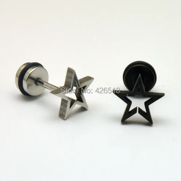 Hollow Stars White Black No fade Stainless steel Punk Men Screw Back (pierced) stud earrings