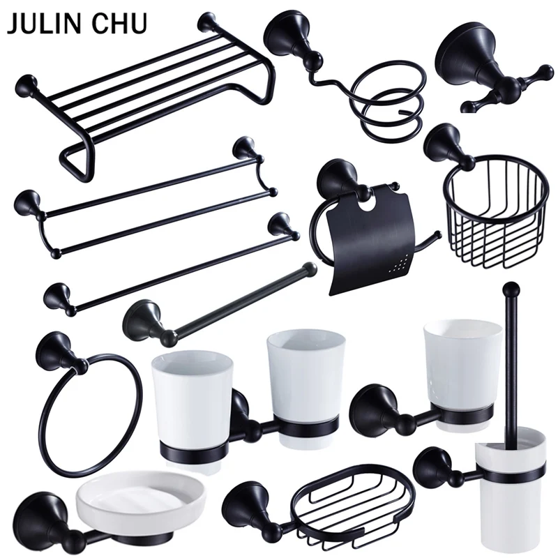 Black Bathroom Accessories Sets Wall Mounted Hair Dryer Rack Antique WC Paper Towel Holder Toilet Brush Holder Bathroom Hardware