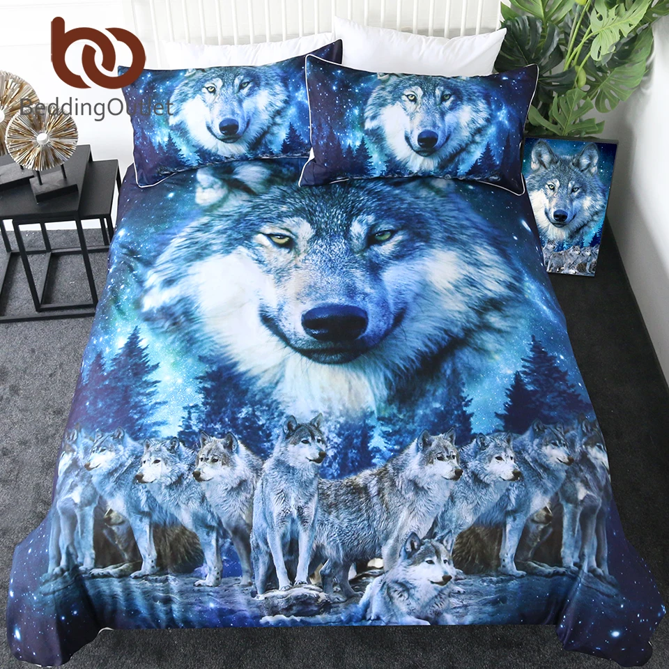 

BeddingOutlet Wolf Bedding Set Galaxy Star Duvet Cover Queen 3D Print Animal Quilt Cover Night Sky Forest Bed Set 3-Piece