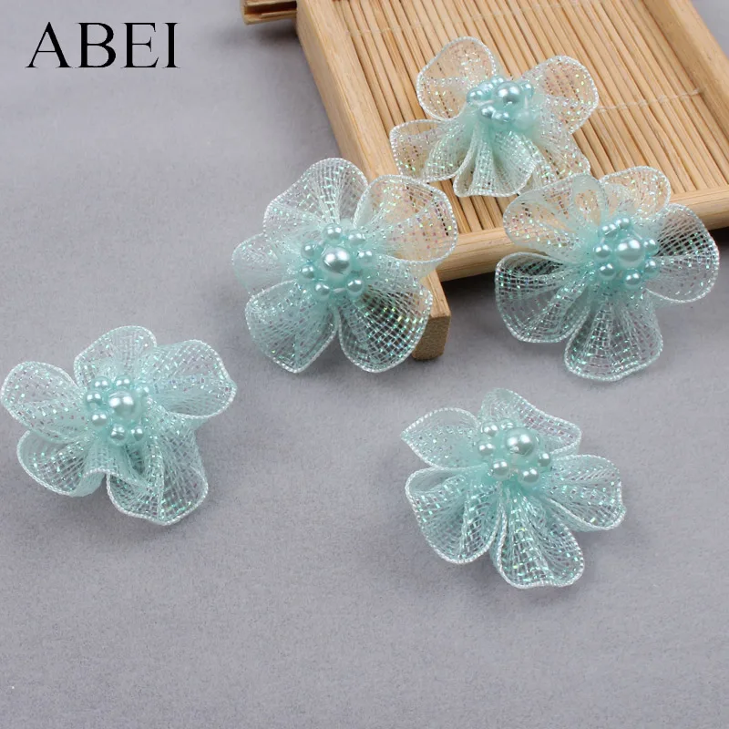 30pcs 3cm Mesh Pearl Beads Flowers DIY Shoes Hats Clothes Jewelry Decorative flowers Silk Rose Wedding Party Decoration