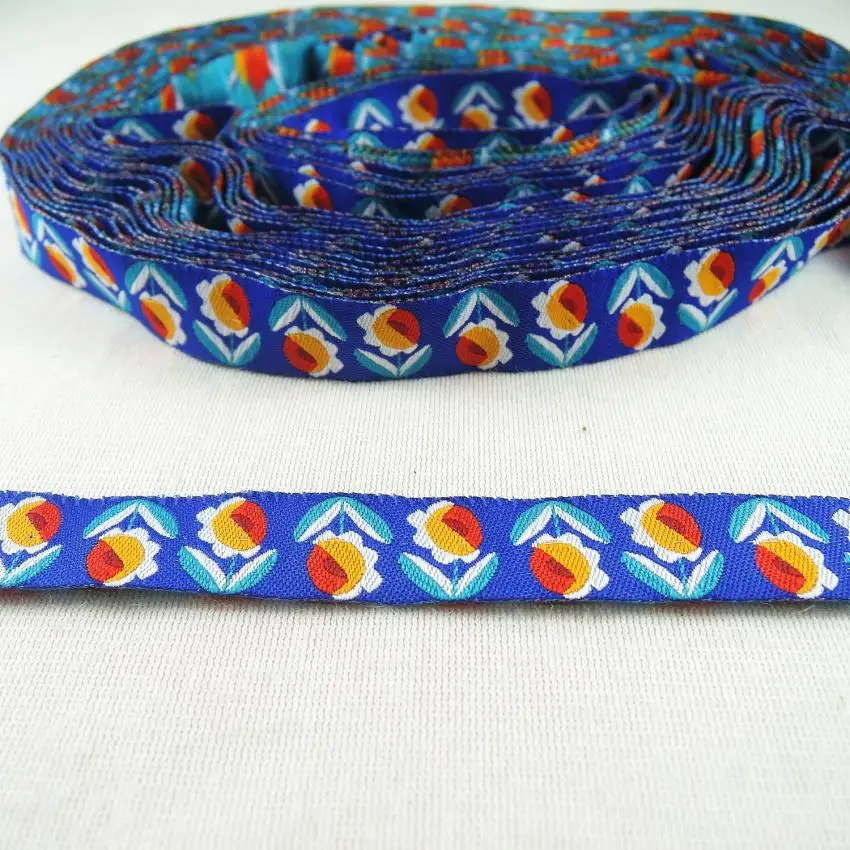 5/8 \'(16 mmx5yards) Plum Blossoms Tulips Roses Woven Polyester Jacquard Ribbon dog chain accessories with Agility For Dog Collar