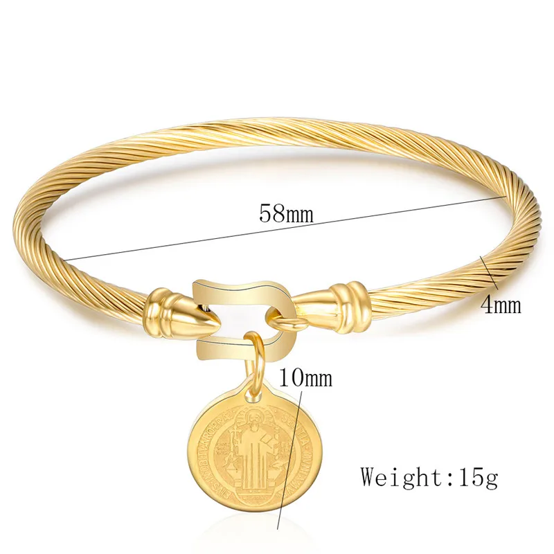 Saint Benedict Medal Cuff Charm Bangles Bracelets Gold/Silver Color Stainless Steel Wire Pulseira Bangle Jewelry for Women