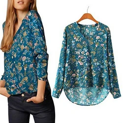 Women Chiffon Blouse 2022 Spring Long Sleeve V-neck Floral Print Shirt Chiffon Tops Irregular Pullover Women Tops blusas Блузки