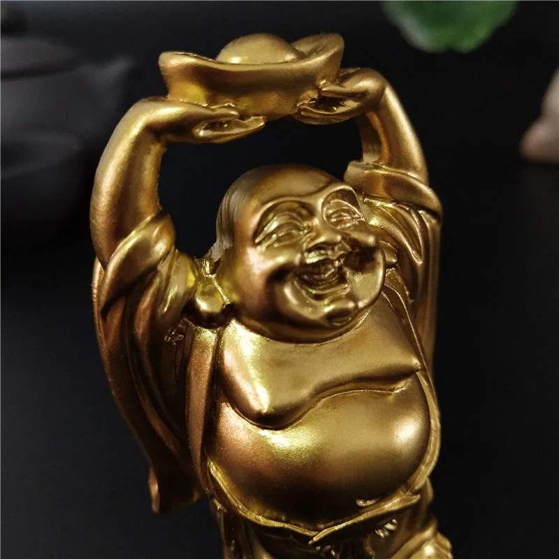 Golden Chinese Feng Shui Laughing Buddha Statue Ornaments Money Maitreya Buddha Sculpture Garden Figurines For Home Decoration