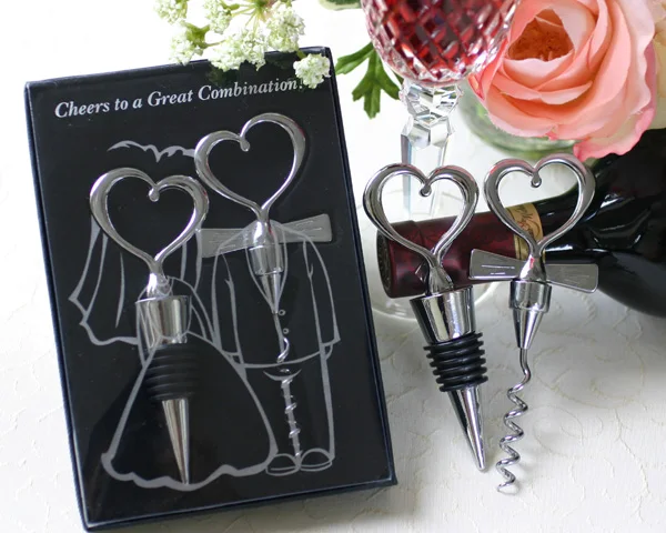 (60Pcs/lot=30boxes) Popular Wine Wedding Favors for guests of Love Heart Corkscrew and Wine bottle stopper gift set Party favor