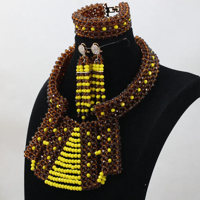 Trendy Nigerian Wedding Beads Jewelry Set Fabulous Chocolate Brown and Yellow Statement Crystal Jewelry Set Free Shipping ABH318