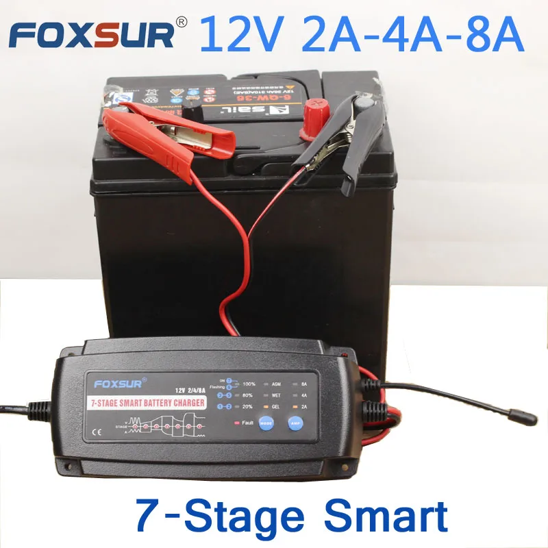 FOXSUR 12V 2A 4A 8A 7-stage smart Battery Charger,Car Battery Charger  Maintainer & Desulfator for Lead Acid Batteries