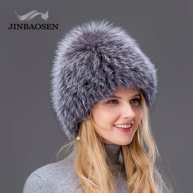 JINBAOSEN Female Winter Fur Hat Real Fox Fur Hat Knitted Silver Fox Fur Hat Female Bomer Cap