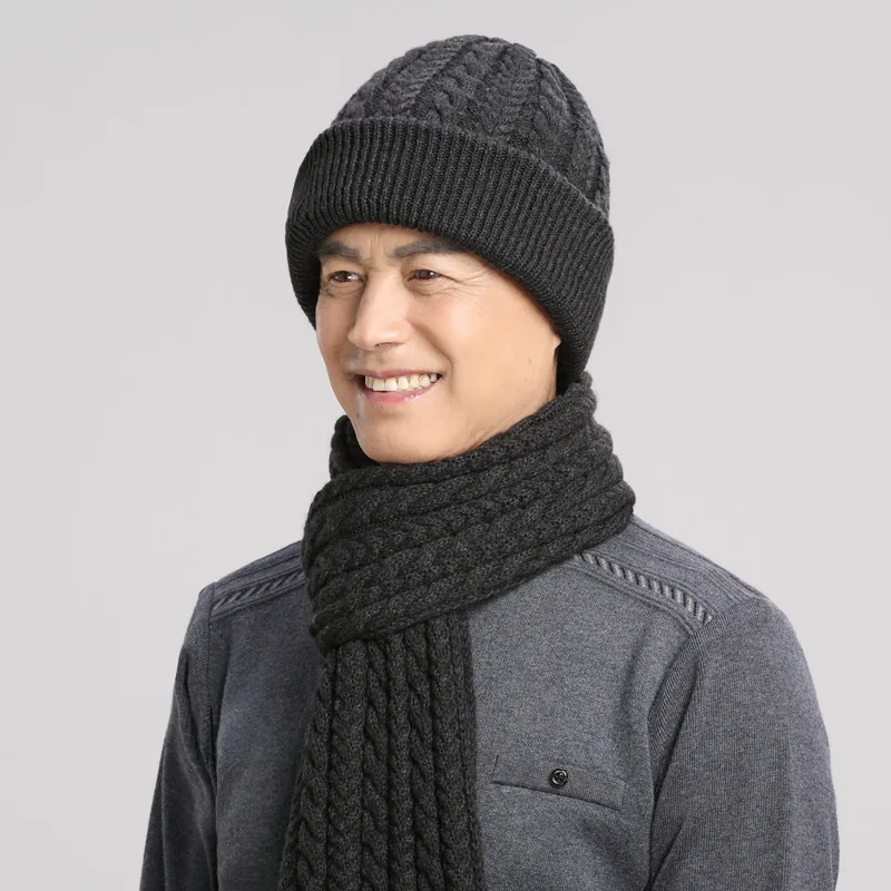 Adult Middle Age Elderly Man Hat Winter Wool Thicken Cap Father Ear Protection Knitted Hats Dad Outdoor Warm Fashion Scarf H7148