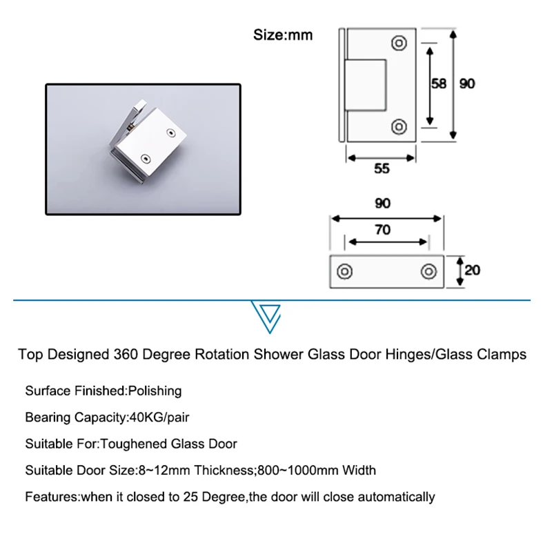 1PCS 360 Degree Rotation Stainless Steel Glass Door Hinges Bathroom Door Upper and Down Glass Door Clamps KF786