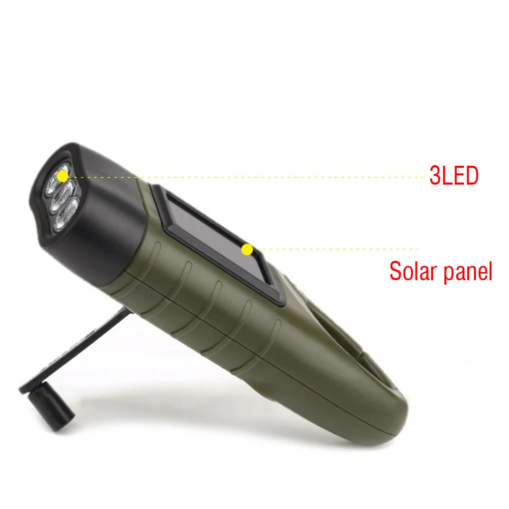 Outdoor Tool Hand Crank Dynamo Solar Powered Rechargeable LED Camping Emergency Flashlight Torch Night Cycling Self Defense