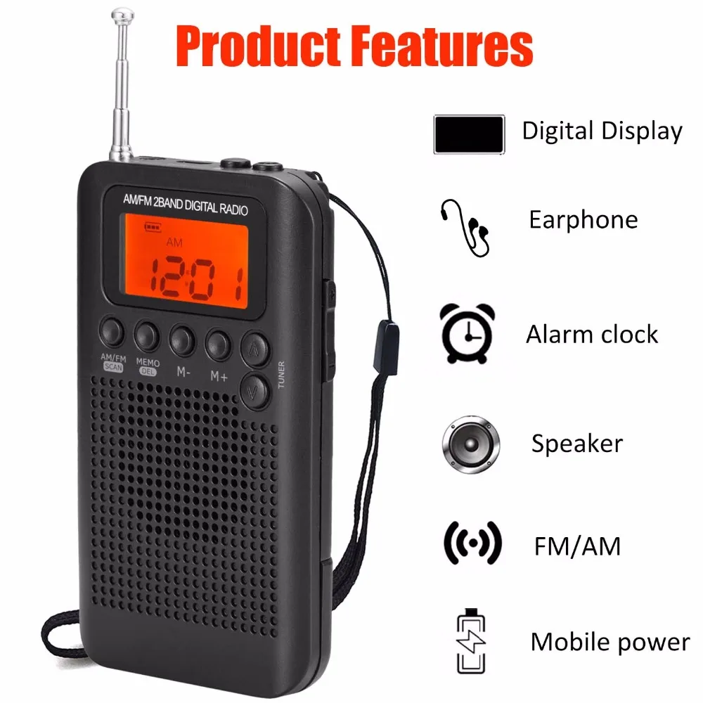 JINSERTA Portable Mini FM/AM Radio Speaker Music Player with Alarm Clock LCD Digital Display Support Battery and USB Powered