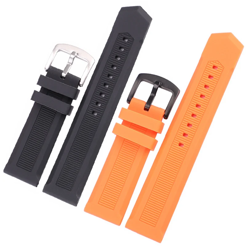 Soft Silicone Diving Watchband 22mm Rubber Strap with Stainless Steel Pin Buckle Sport Style Black Orange Men\'s Bracelet