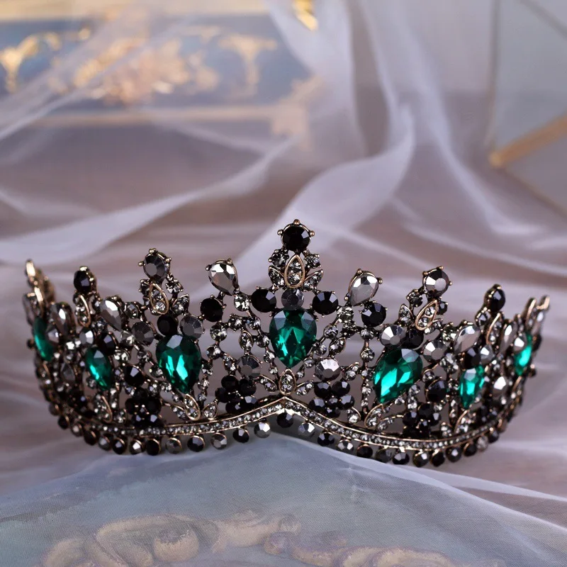 Baroque Bronze Black Green Crystal Bridal Tiaras Crown Vintage Rhinestone Diadem for Brides Headbands Wedding Hair Accessories