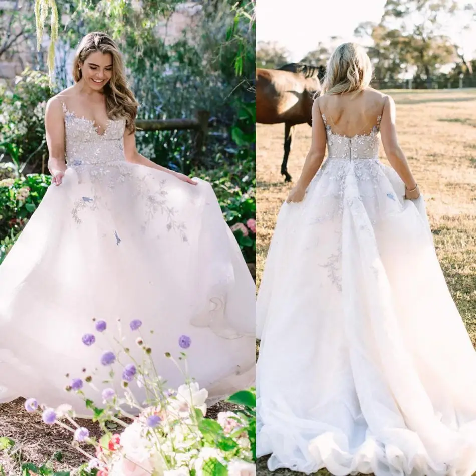 2019 Mới Váy Áo Cổ Chữ V Hở Lưng Chữ A Cô Dâu VÁY BẦU REN Appliques Áo Cưới Đầm Vestido De Novia