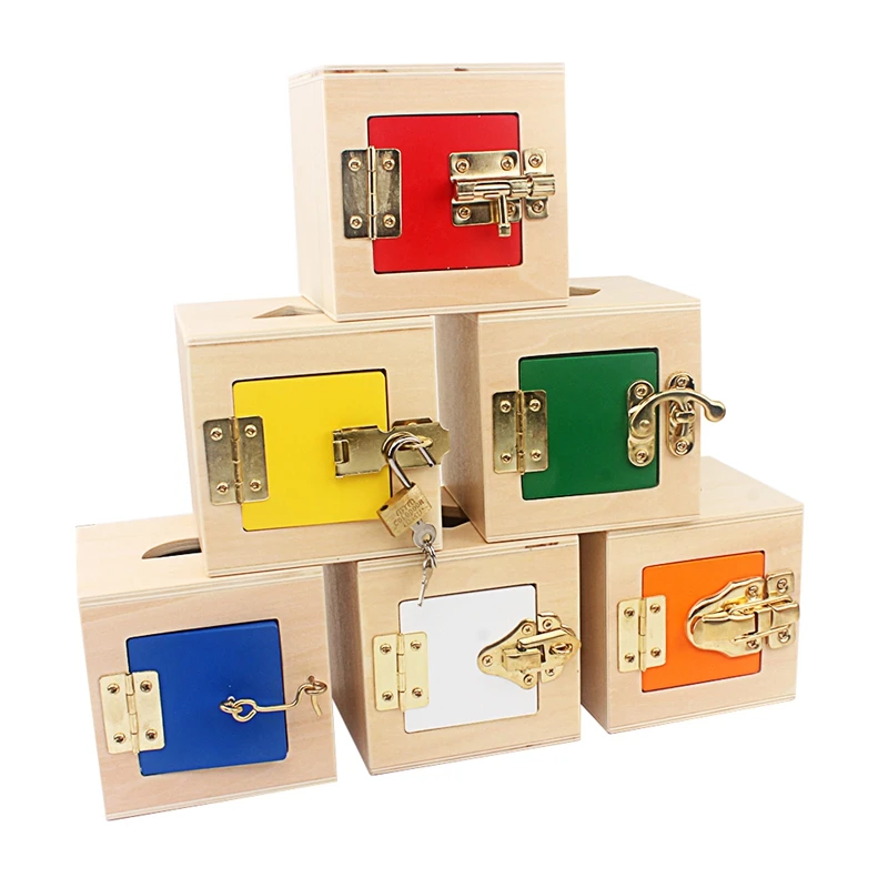 Montessori Daily Life Multifunctional Learning 6 Unlock Box Exercises Toys Practical Training Wooden Toys Metal Lock 16-24 Month