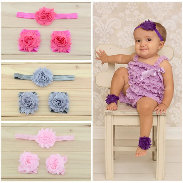 baby headband shabby chic flowers headbands baby barefoot sandals and headbands set newborn shoes children girl hair Accessories