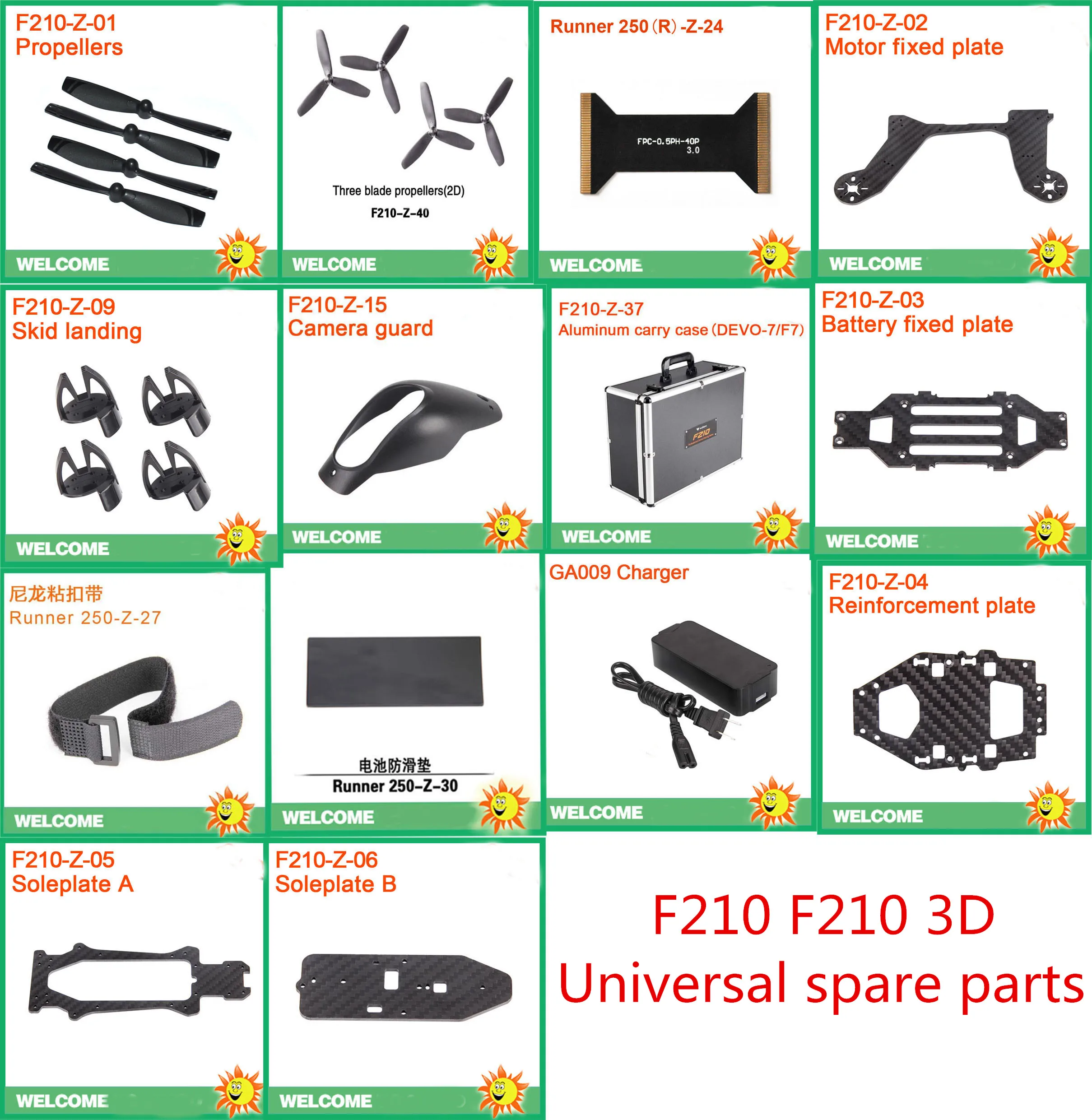 

Walkera F210/F210 3D RC drone spare parts blade Landing charger Aluminum box Camera cover PCB board Battery mat Buckle etc