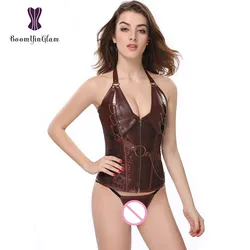 Corsetto gotico in ecopelle con scollo all'americana con cerniera frontale di alta qualità marrone Steampunk abbigliamento donna corsetti e bustini Overbust 908 #