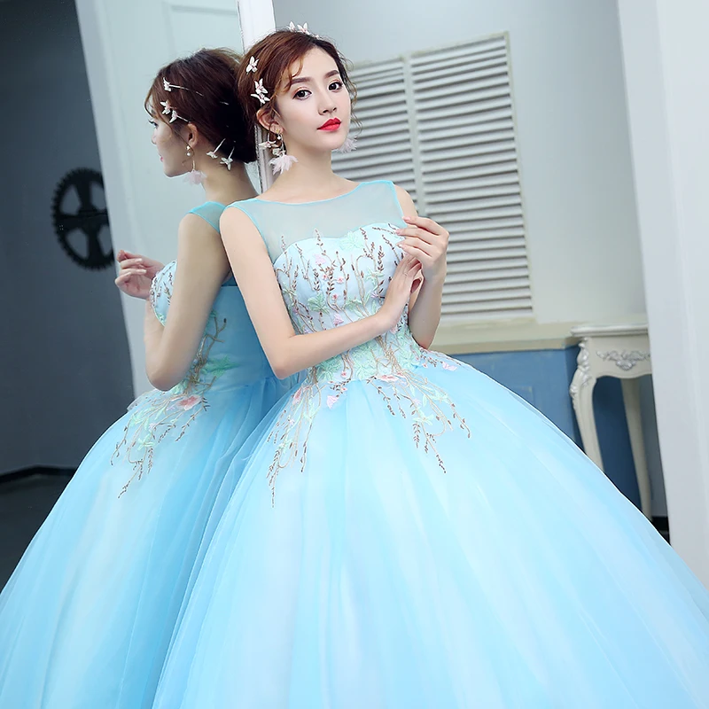 Y & M Gaun Quinceanera Biru Baru Novias Gaun Ilusi Bunga Applique Renda Leher-o Tanpa Lengan untuk Acara Pesta Pernikahan Formal