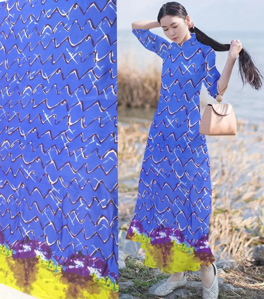 Telas Pure 100% Mulberry Silk Chiffon Fabric Sky Blue Geometry Line Print Silk Fabric Material Textile Women Dress Scarf Tissus