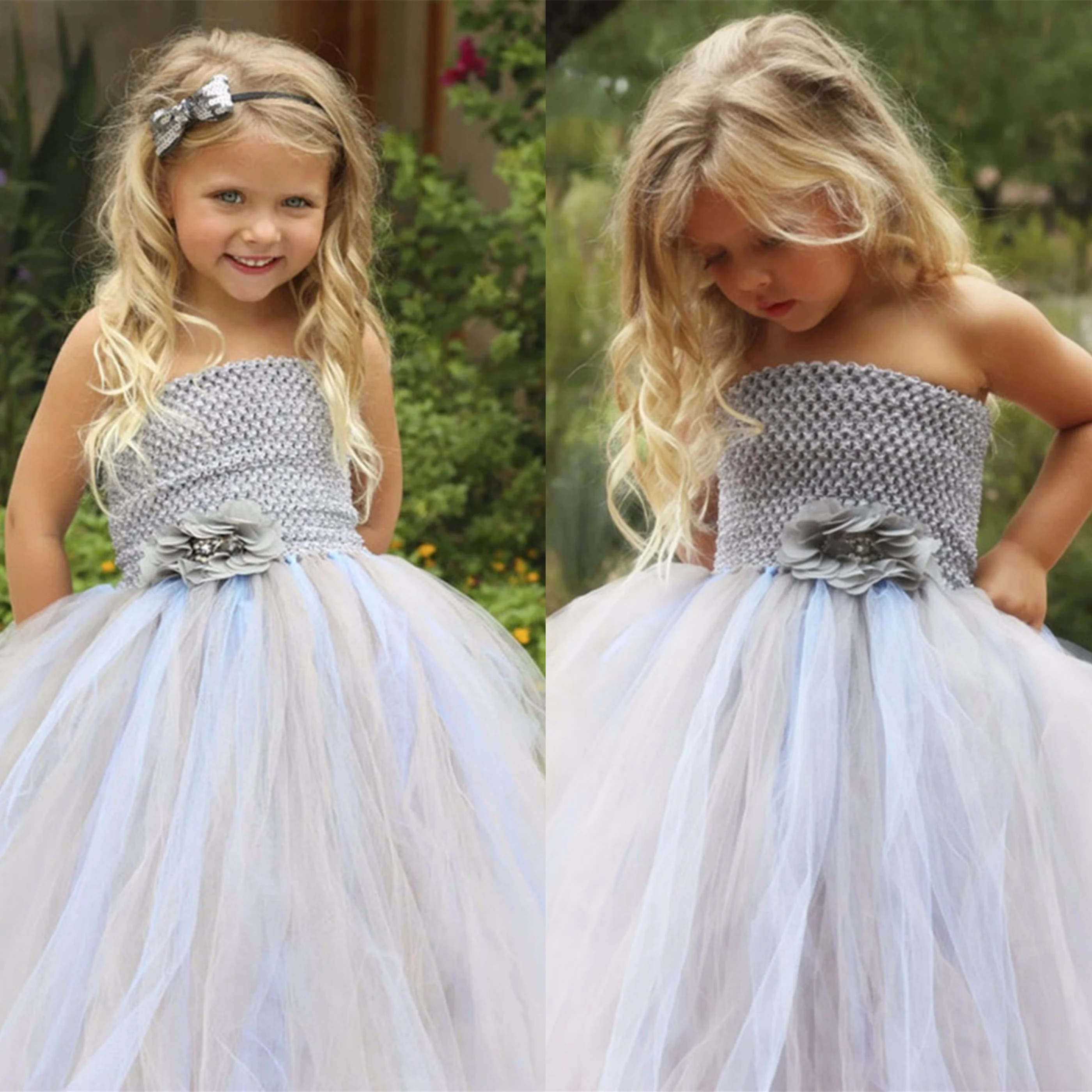 

Cute Girls Grey Crochet Flower Tutu Dress Kids Tulle Dress with Sequin Glitter Hairbow Child Wedding Party Corset Costume Dress