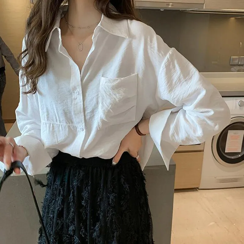 Spring Shirt Clothes Plus Size Loose Long Sleeve Women's Blouse Pure Color with Pocket Turn Down Collar Girl Bottoming Top H9134