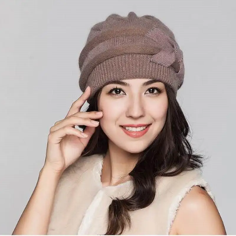 Women Knitted Hats Winter Thicken Double Layer Elegant Casual Rabbit Hair Blend Women\'s Hat Female Beanies M1527