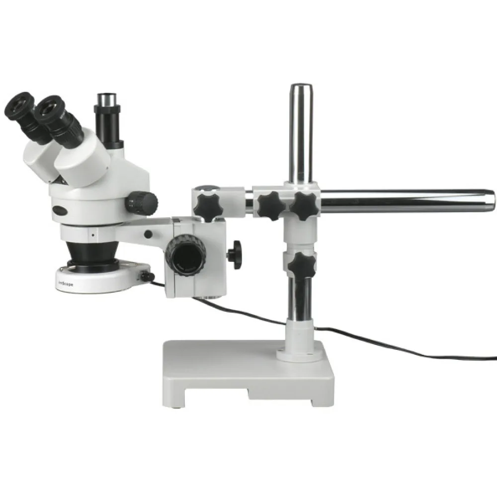 Trinocular Zoom Stereo Microscope--AmScope Supplies 7X-45X Trinocular Zoom Stereo Microscope on Boom Stand with 80 LED Light