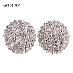 Grace Jun New Fashion Bridal Rhinestone Large Round Clip on Earring No Pierced for Women Elegant Statement Earrings