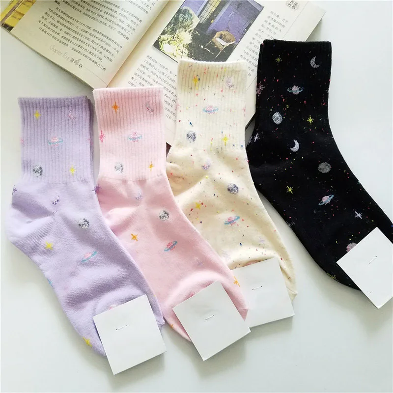 [COSPLACOOL]Harajuku Planet Point Yarn Funny Socks Japanese Creative Moon Stars Socks Women Warm Cute Novelty Femme Sokken Meias