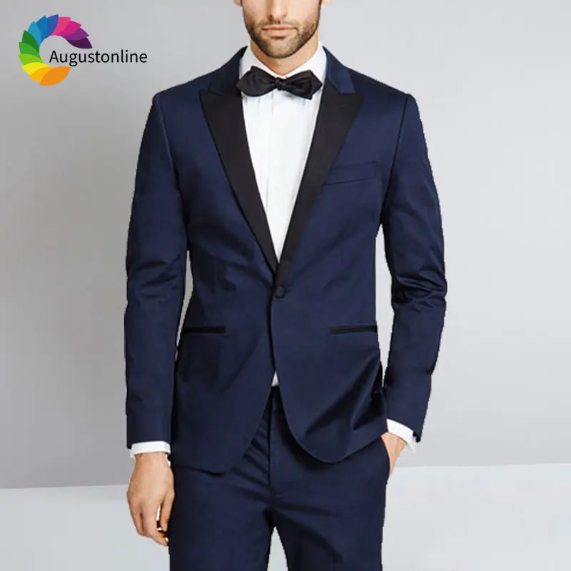 

Navy Blue Men Suit Black Peak Lapel Custom Made Wedding Groom Tuxedos Slim Fit Groomsmen Blazers 2Piece Jacket Pants Prom Wear