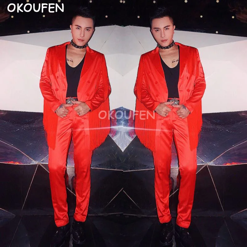 

Personalit Men's Red Tassel Slim Blazers Costumes Bar Nightclub Male Singer DJ Star Stage Performance Dress Party Dance Outfit