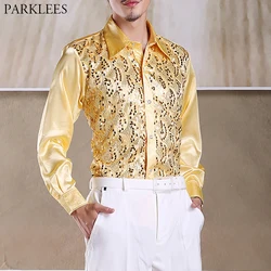 Oro lucido Con Paillettes Glitter Manica Lunga Degli Uomini Della Camicia 2019 Nuovo di Modo del Locale Notturno Del Partito Della Discoteca Della Fase di Coro Camicia per Gli Uomini Chemise homme