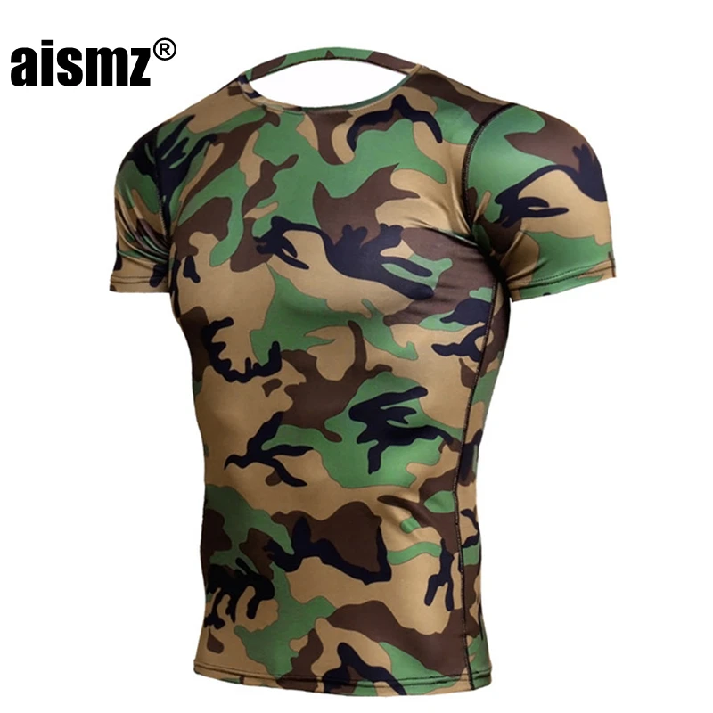 Aismz Army Green Camo T Shirts Men Fitness Compression Shirts Short Sleeve T-Shirt Bodybuilding Camiseta Rashguard Tees Tights