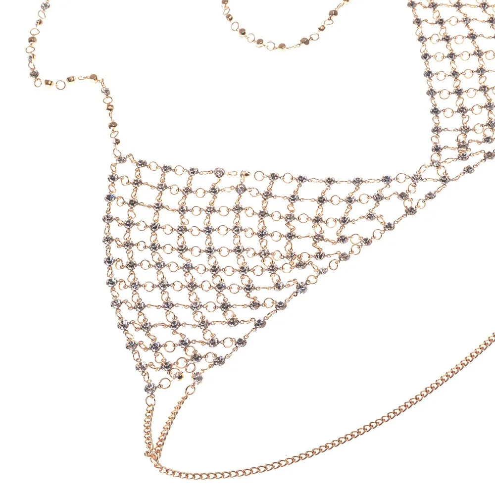 Summer Beach Mesh Sexy Hollow Chest Body Chain Crystal Bikini Bra Harness Statement Necklace for Women Waist Belly Body Jewelry