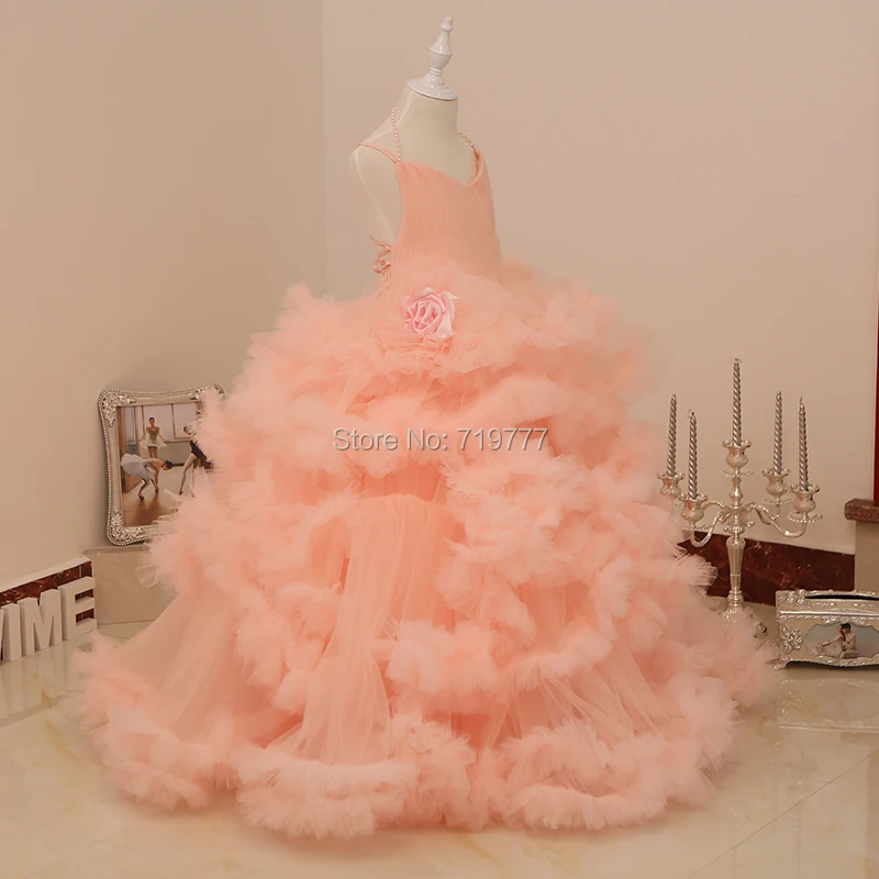 Princess Pink Flower Girl Dresses Custom Made Ball Gown Puffy Pageant Dresses For Girls Glitz Tiered Cloud Kids Prom Dresses