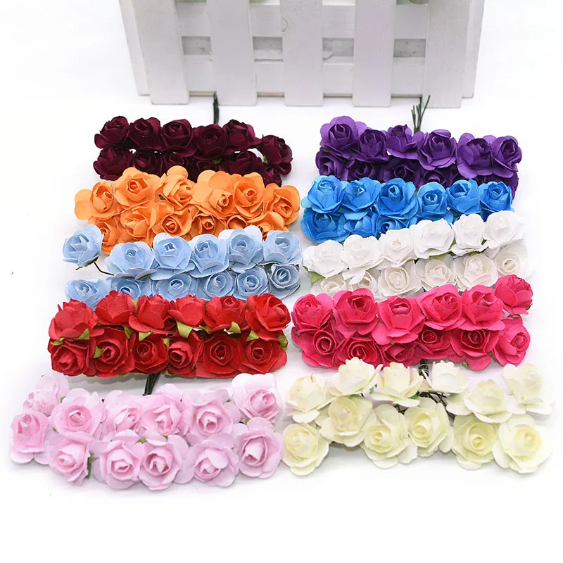 72/144pcs 2cm Mini Rose Artificial Paper Flowers for Wedding Decoration Handmade DIY Wreath Gift Scapbooking Craft Fake Flower 8