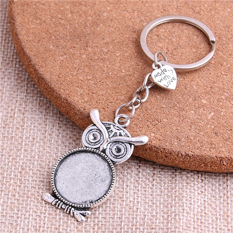 5Pcs/Lot Metal Key Chain Round Owl Cabochon Setting DIY Vintage Handmade Key Chain Jewelry Making