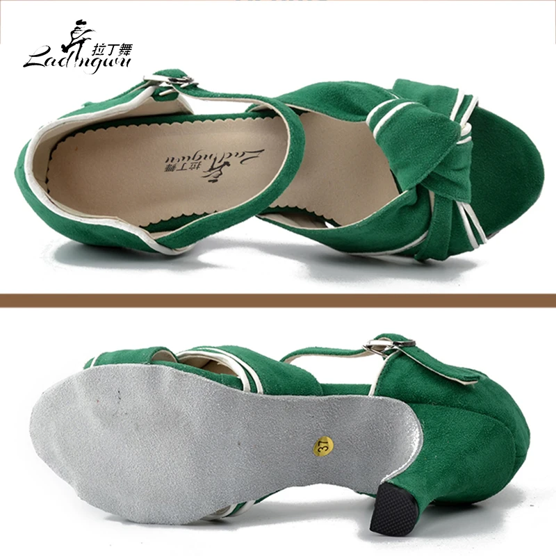 Ladingwu Green flanelowe sandały damskie sala balowa występ na imprezie Salsa Latin Dance buty obcas 6 cm/7.5 cm/8.3 cm numeracja 7127