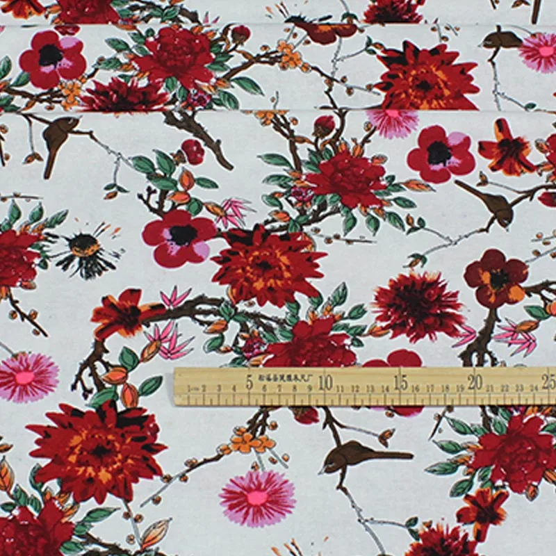 cotton and linen red flower plum Chinese Hwamei floral printed  textile for DIY handwork tablecloth curtains blouse dress fabric