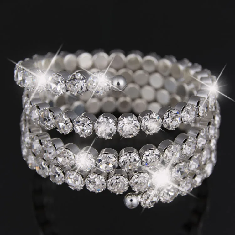 Fashion Bridal Jewelry Three & Four Rows Crystal Rhinestones Silver Color Bracelets for Women Wedding