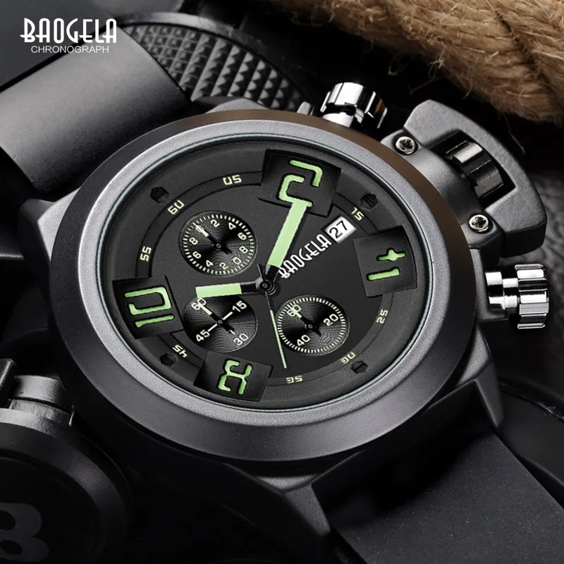 

BAOGELA Men's Chronograph Quartz Watches Soft Silicone Strap Sports Analogue Wristwatch for Man Waterproof Luminous 1606green