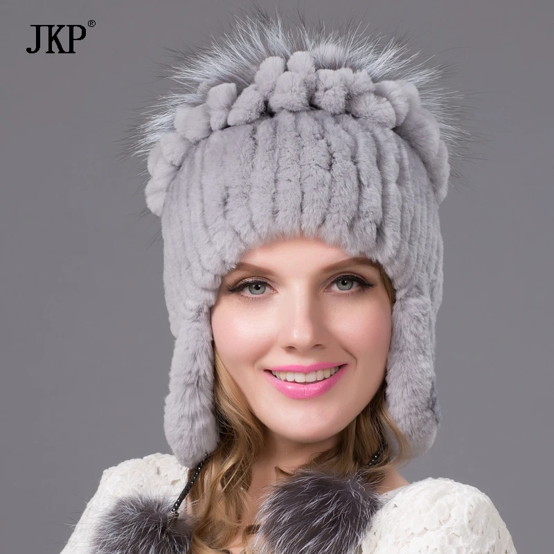 Women Natural Rex Rabbit Fur Hat Winter Warm Thick Knit Real Fox Cap Female New Ear Protection Hat Free  THY-38