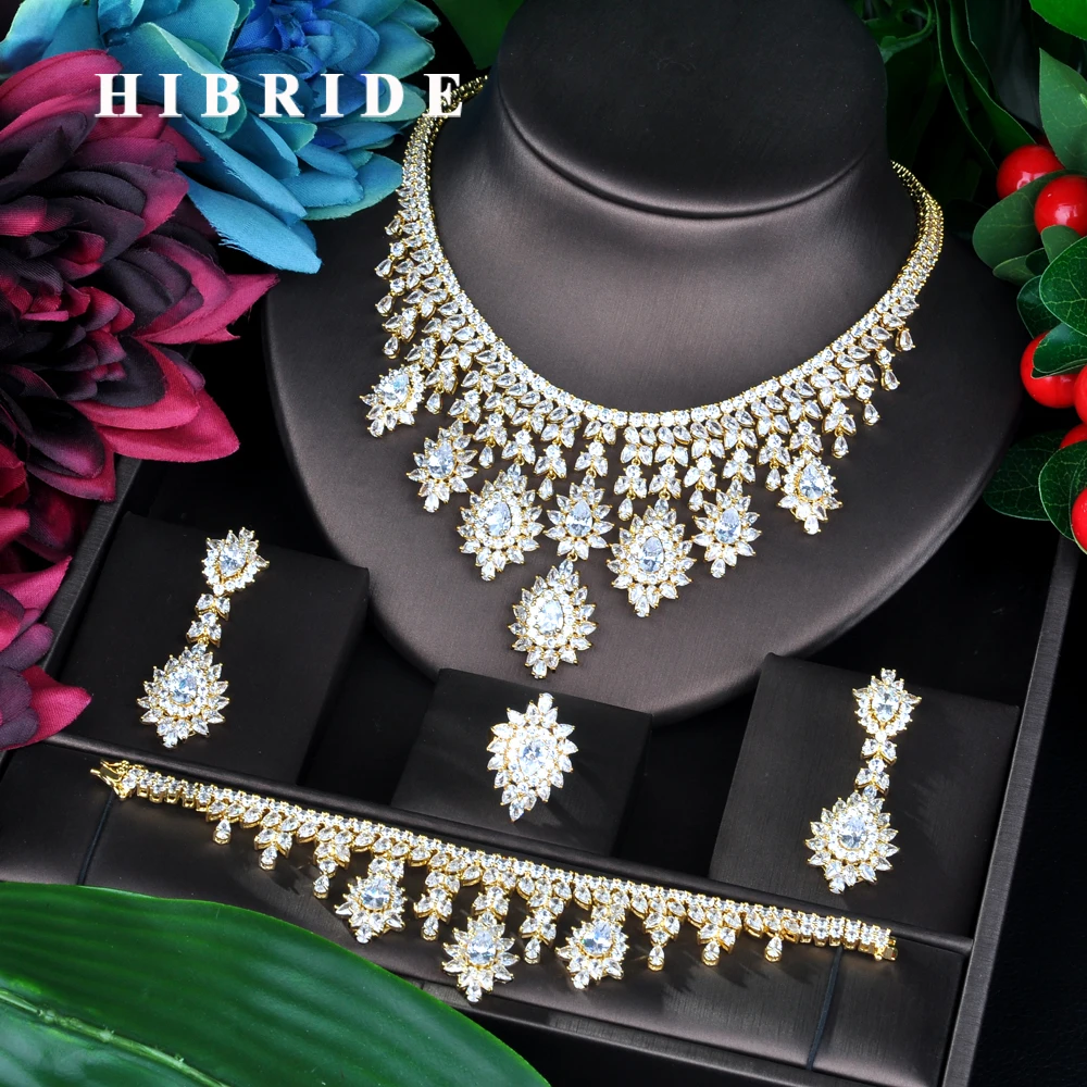 HIBRIDE Charm Gold Color AAA Cubic Zirconia Jewelry Sets for Women Bridal Wedding Sets 4Pcs Earring Necklace Ring Bracelet N-947