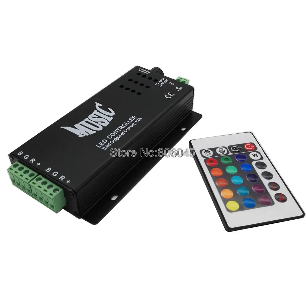 

DC12V 24V 12A 4x3A Music Audio Sound Sensitive LED Controller with 24Key Wirless IR Remote for 5050 3528 SMD RGB Strip Light